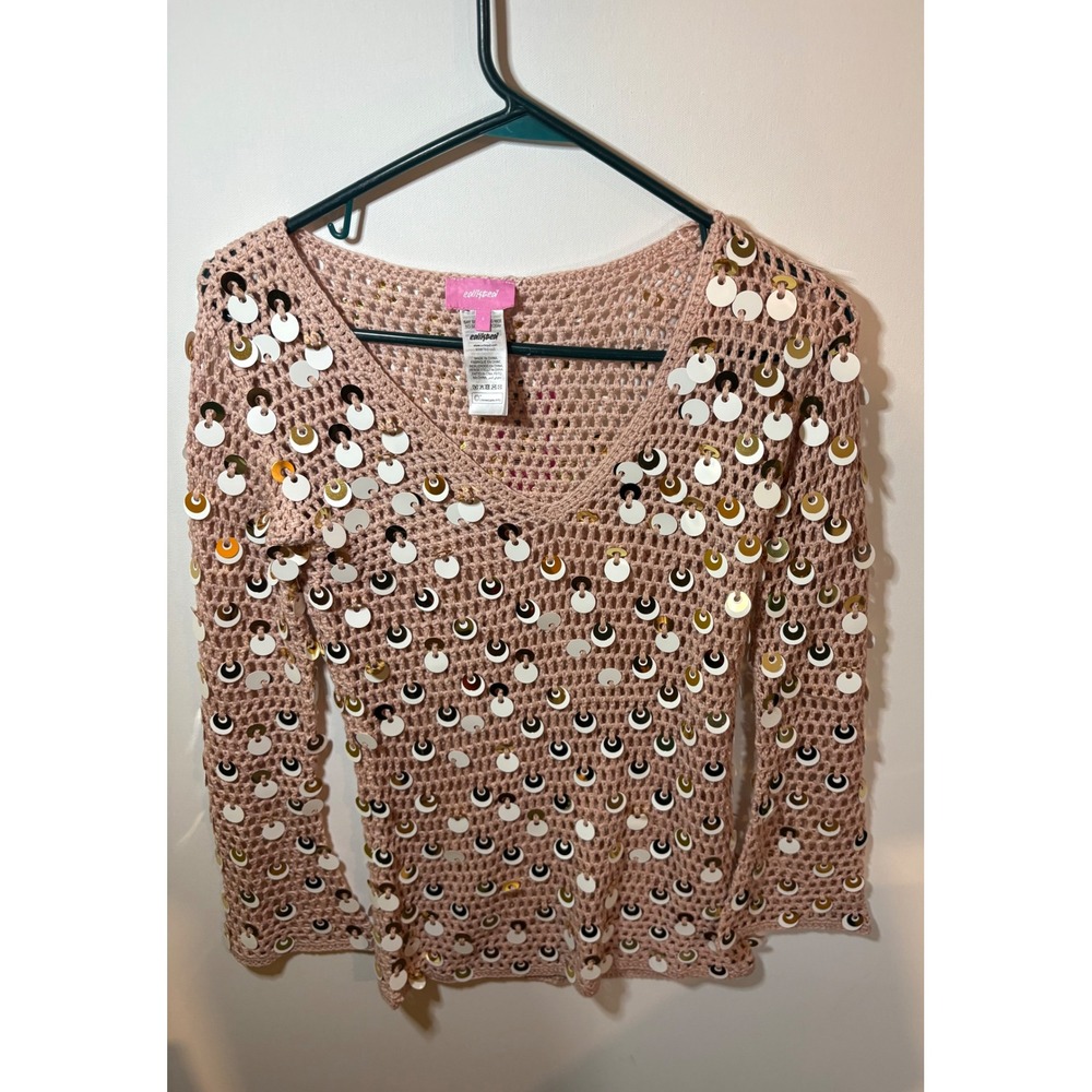 Edikted Pink Sequin Crochet Sweater Open Knit Pullover Top Small S NWT Festival